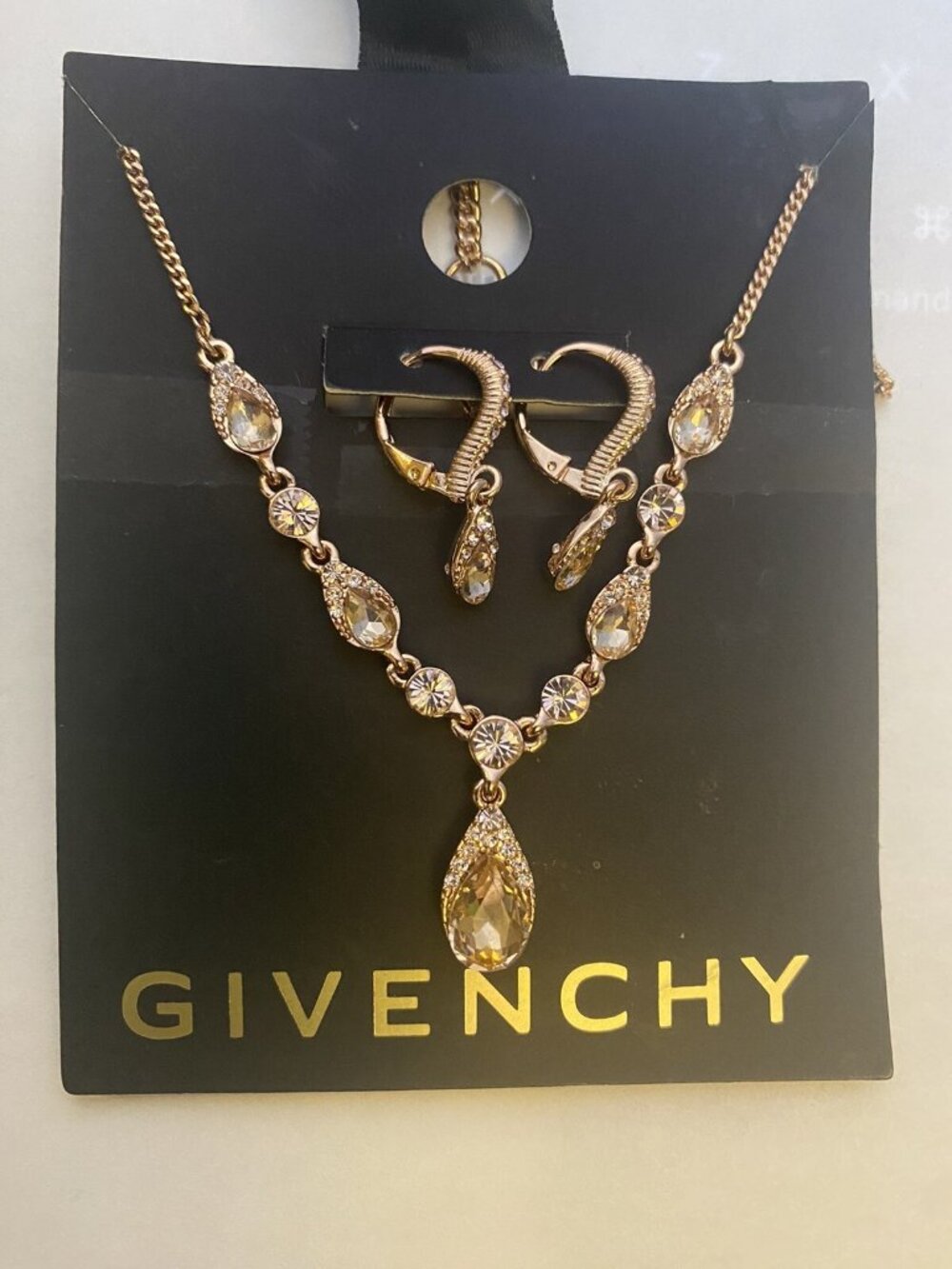 GIVENCHY GOLD-TONE PINK CRYSTAL HALO DROP EARRINGS & 16" + 2" Ext. NECKLACE SET